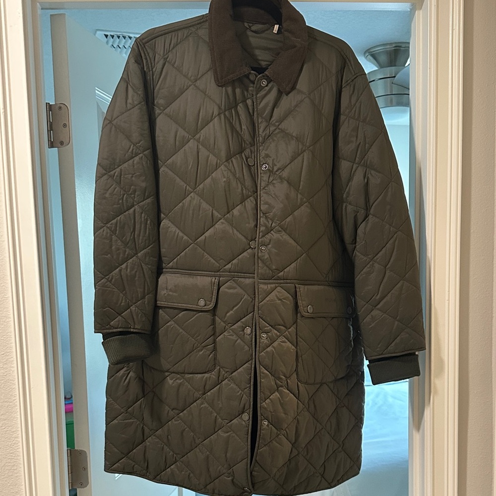 Barbour Traditional Quilted Olive Green Coat with Brown Collar